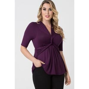 Kiyonna Top 1X Purple Caycee Twist Empire Waistline Twist Front Slimming V Neck